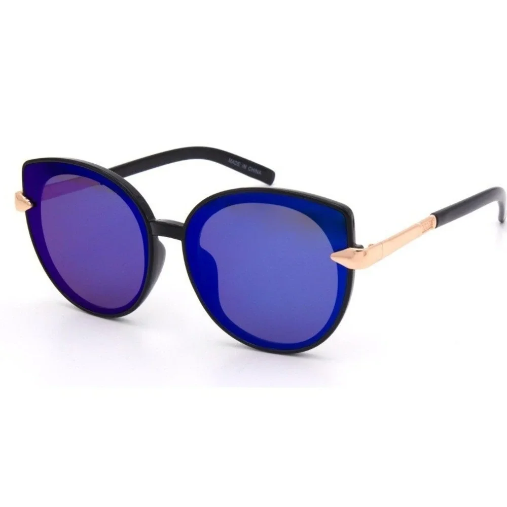 Women Sunglasses Blue Mirrored Lens Gold Accent Fashion Shades Trendy Lentes New